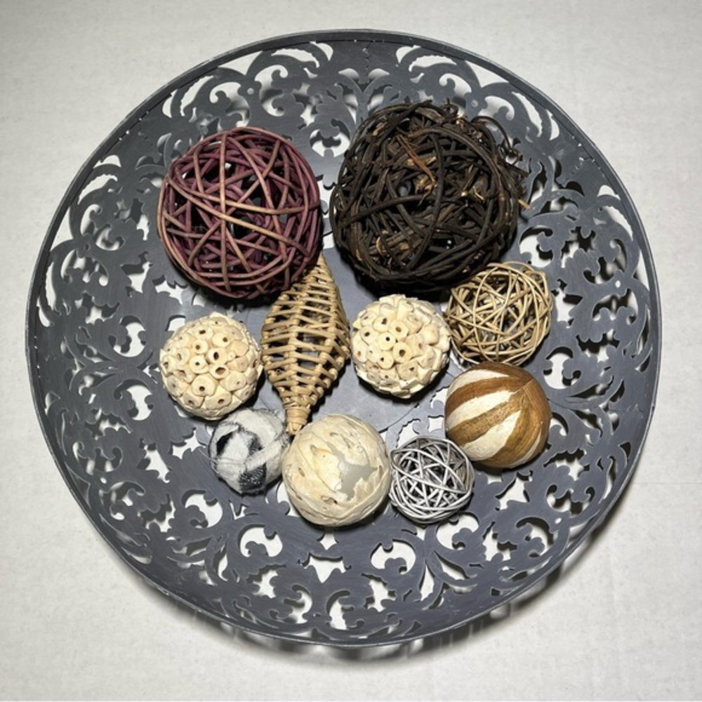 Large Centerpiece‎ Metal Decorative Bowl Includes Accent Vine/Twig Balls